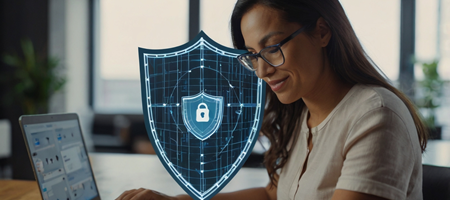 A business owner using a laptop, with a cybersecurity shield icon overlay representing digital protection.