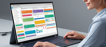 A professional using Microsoft Planner on a laptop, with task assignments and progress tracking visible.