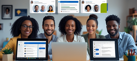 A team collaborating remotely using Microsoft Teams, with video calls, shared files, and chat messages visible on the screen.