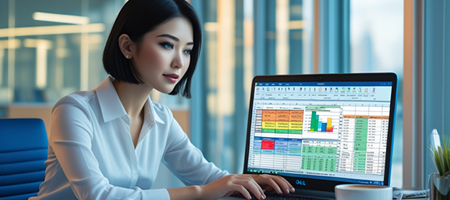 A business professional working with an Excel spreadsheet, with data tables, charts, and formulas visible on the screen.
